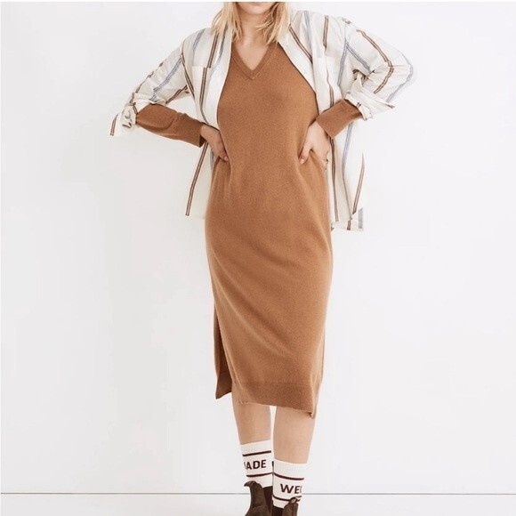 Madewell (re)Sourced Cashmere Camel Brown Long Sleeve Dress Size Medium - Picture 2 of 7